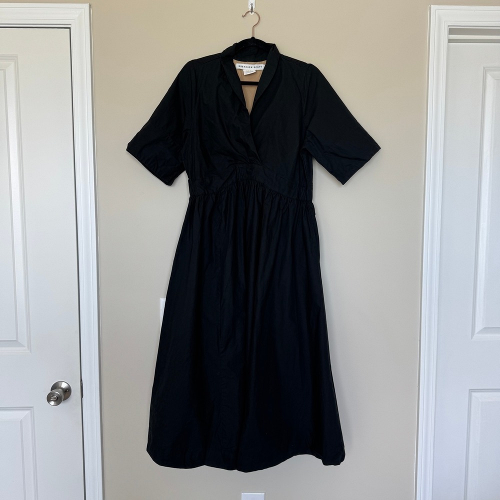 Gretchen Scott Black Cotton Poplin Midi Dress Short Sleeve Pockets Size M
